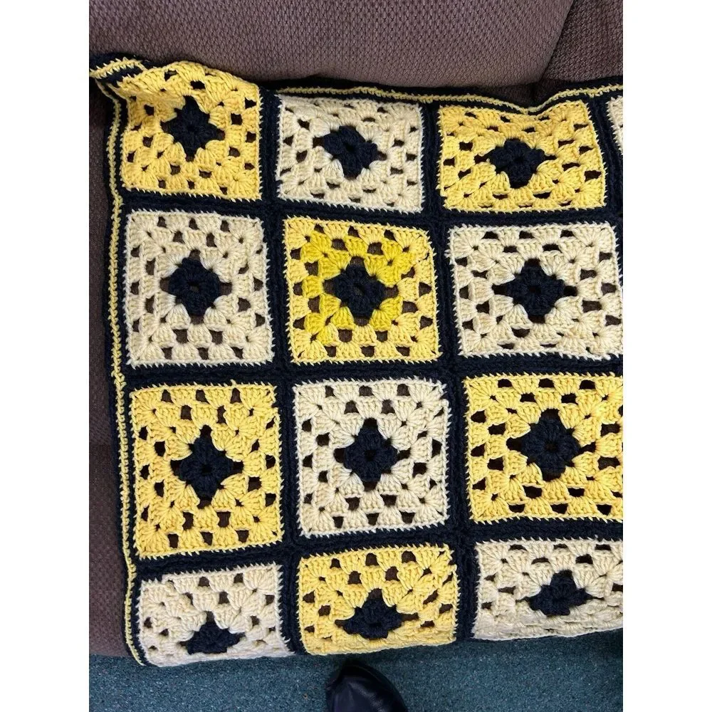 Vintage 70s Colorful Yellow‎ Granny Square Crochet Afghan Throw Blanket 60X36